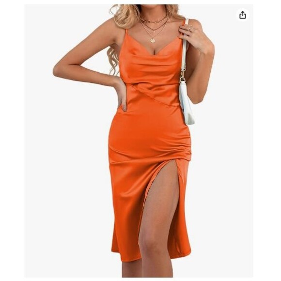 Women's Satin Sleeveless Dress X-Large Sexy Cowl Neck Strappy Orange - Picture 5 of 7